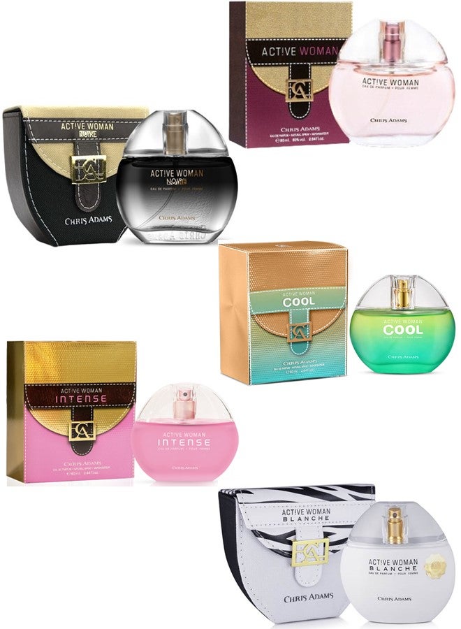 Chris Adams 5-Piece Active Woman, Noire, Blanche, Intense And Cool Eau De Parfum Set Luxury Long-Lasting Perfumes for Women